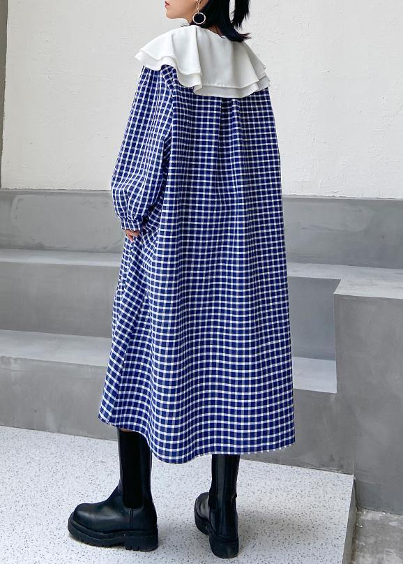 Ruffled Tie Waist Cotton Fall Clothes Outfits Blue Plaid Dress