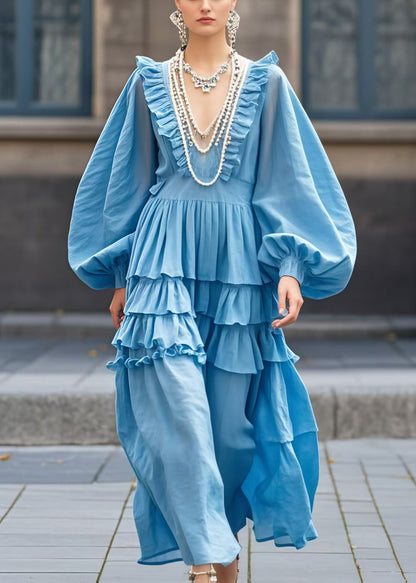Sea Blue V Neck Ruffled Ankle Dress Lantern Sleeve
