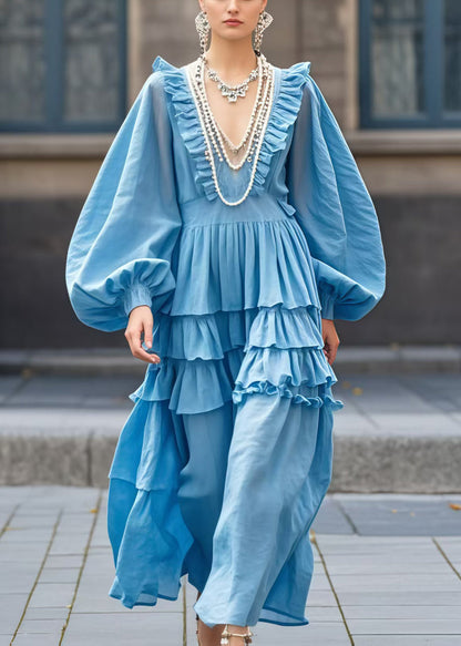 Sea Blue V Neck Ruffled Ankle Dress Lantern Sleeve