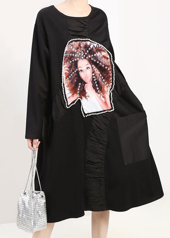 Sequined Cotton Patchwork Clothes Wardrobes Black Loose Dresses