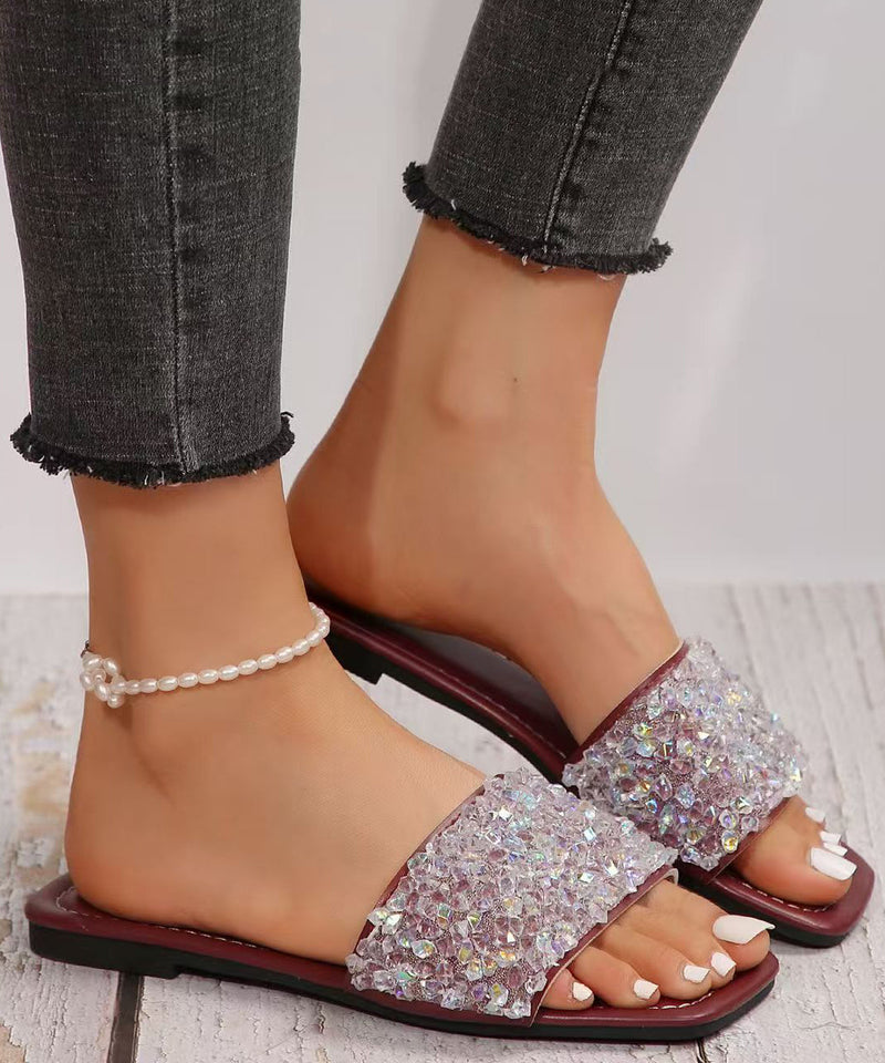 Sequins Splicing Wine Red Faux Leather Slide Sandals