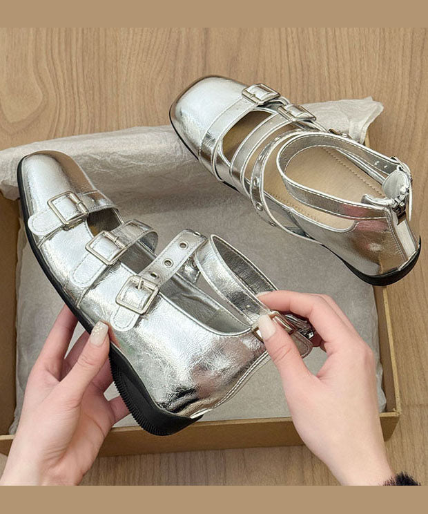 Silver Buckle Strap Splicing Wedge Heels Shoes