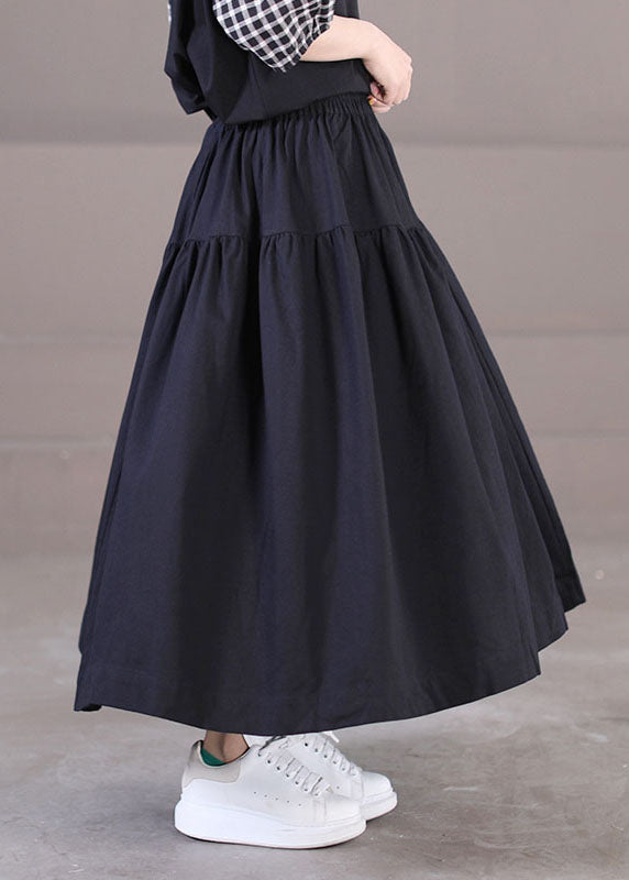 Black Elastic Waist Patchwork Cotton Pleated Skirt Summer