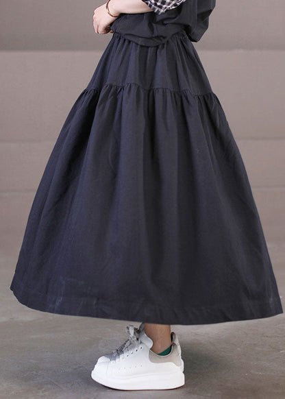 Black Elastic Waist Patchwork Cotton Pleated Skirt Summer