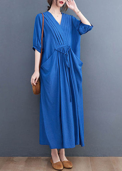 Blue Wrinkled V Neck Tie Waist Cotton Long Dress Short Sleeve