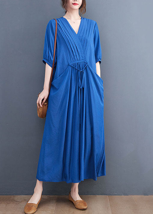 Blue Wrinkled V Neck Tie Waist Cotton Long Dress Short Sleeve
