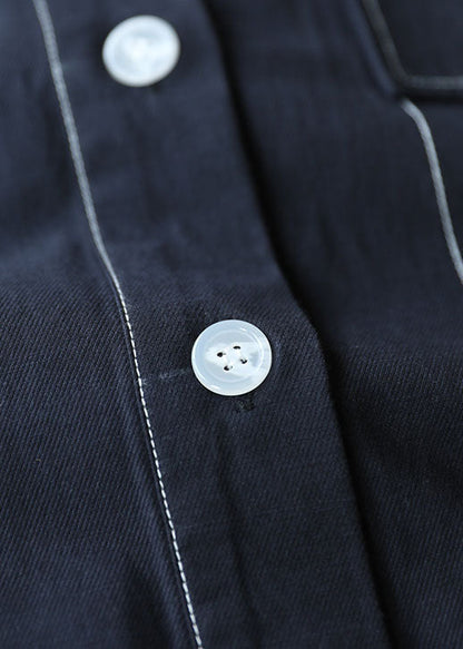 Navy Drawstring Hooded Cotton Short Coat Half Sleeve