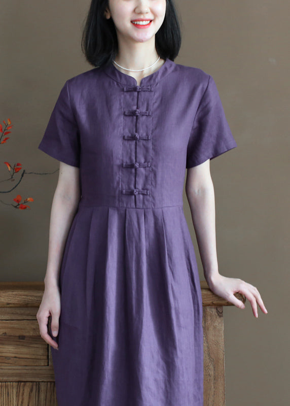 Purple Stand Collar Cinched Button Linen Cinch Dress Short Sleeve