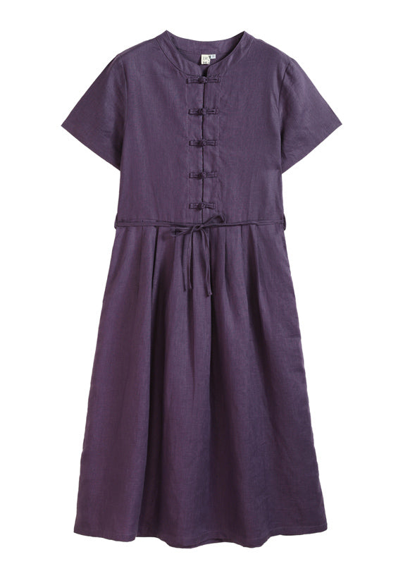 Purple Stand Collar Cinched Button Linen Cinch Dress Short Sleeve