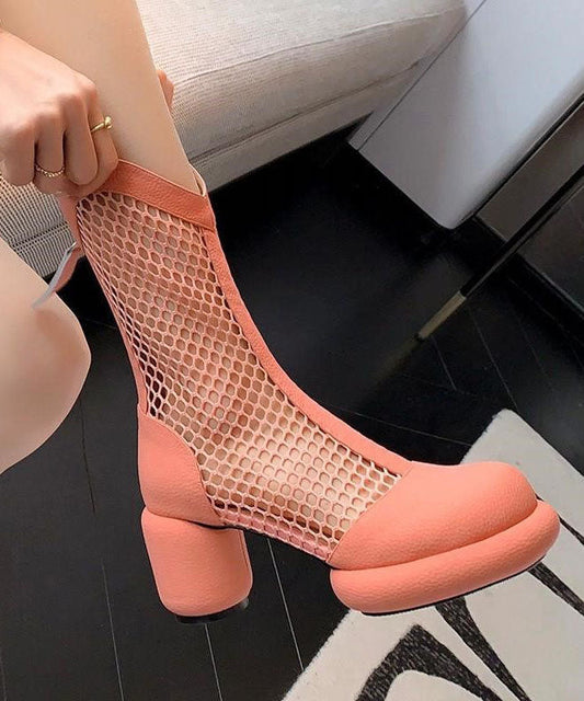 Splicing Chunky Boots Pink Breathable Mesh Hollow Out