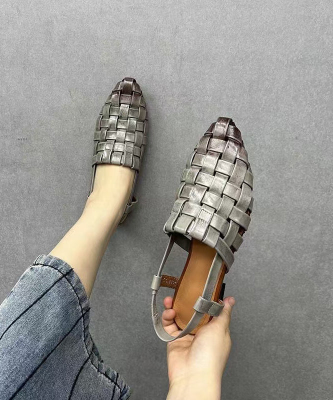 Splicing Chunky Hollow Out Sandals Grey Cowhide Leather