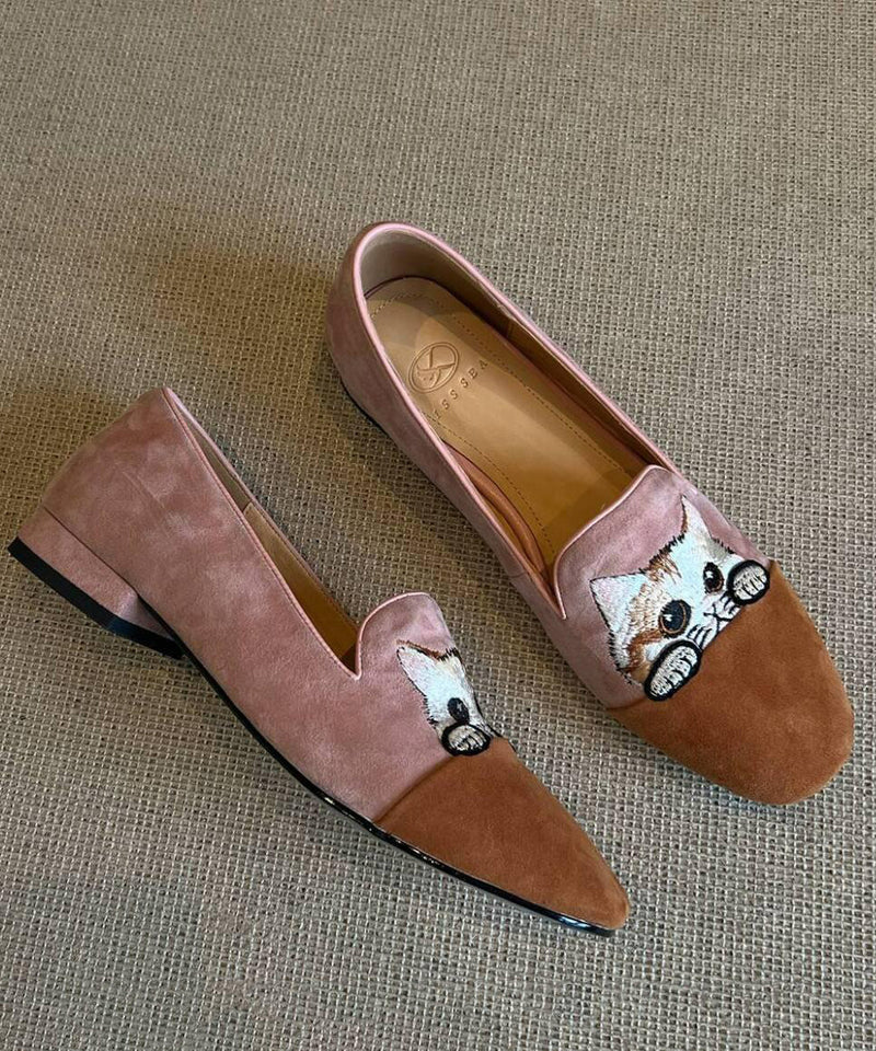 Splicing Penny Loafers Brown Suede Embroidered