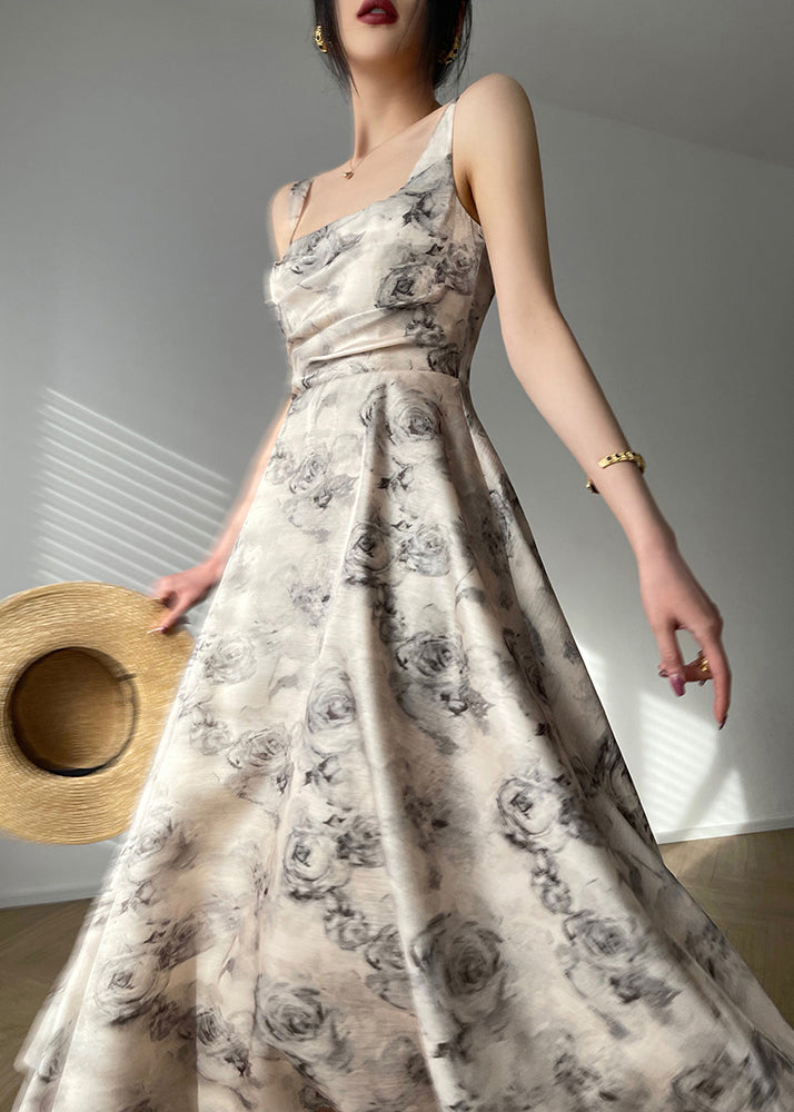 Square Collar Zippered Print Chiffon Maxi Dresses Sleeveless