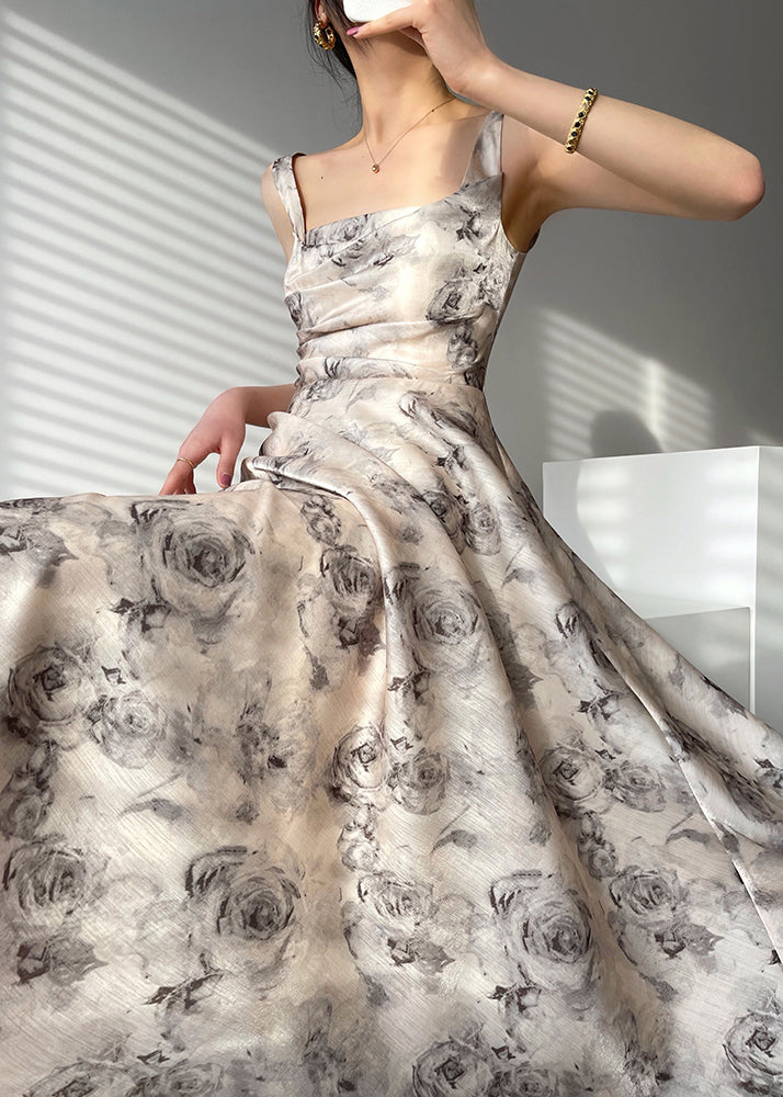 Square Collar Zippered Print Chiffon Maxi Dresses Sleeveless