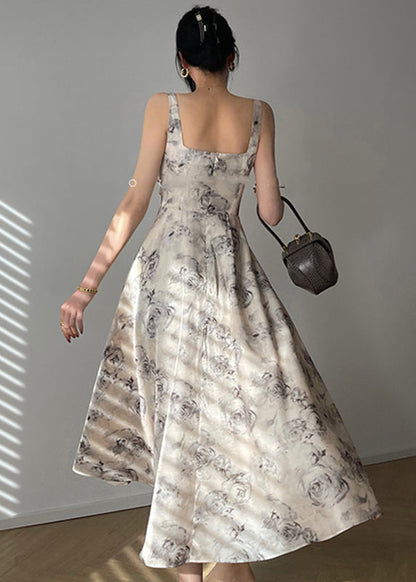 Square Collar Zippered Print Chiffon Maxi Dresses Sleeveless