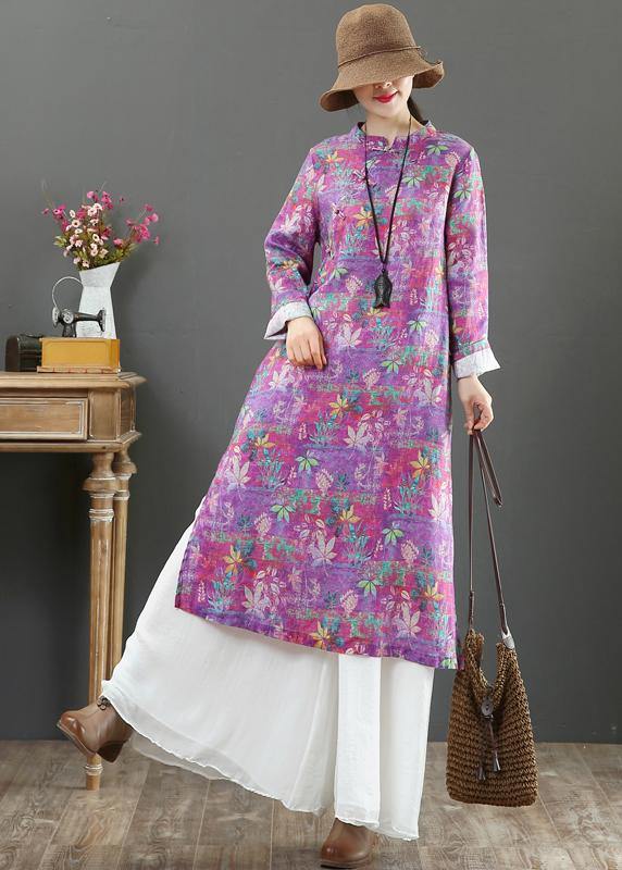 Stand Collar Chinese Button Spring Outfit Catwalk Purple Print Maxi Dresses