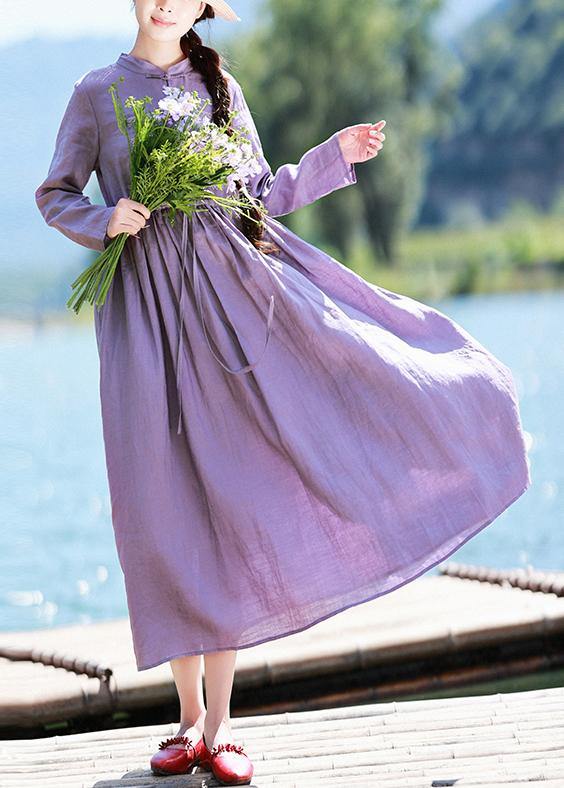 Stand Collar Patchwork Lace Spring Pattern Shape Purple Dress