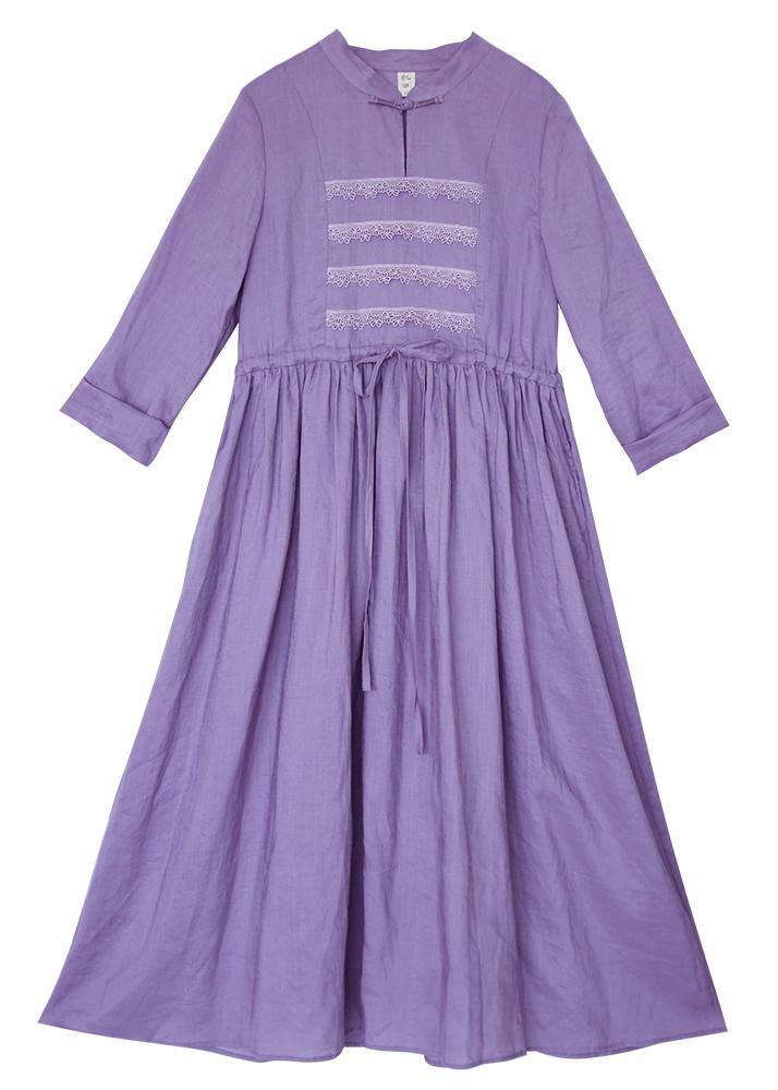 Stand Collar Patchwork Lace Spring Pattern Shape Purple Dress
