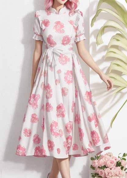 Stand Collar Print Tie Waist Silk Dresses Summer