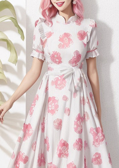 Stand Collar Print Tie Waist Silk Dresses Summer
