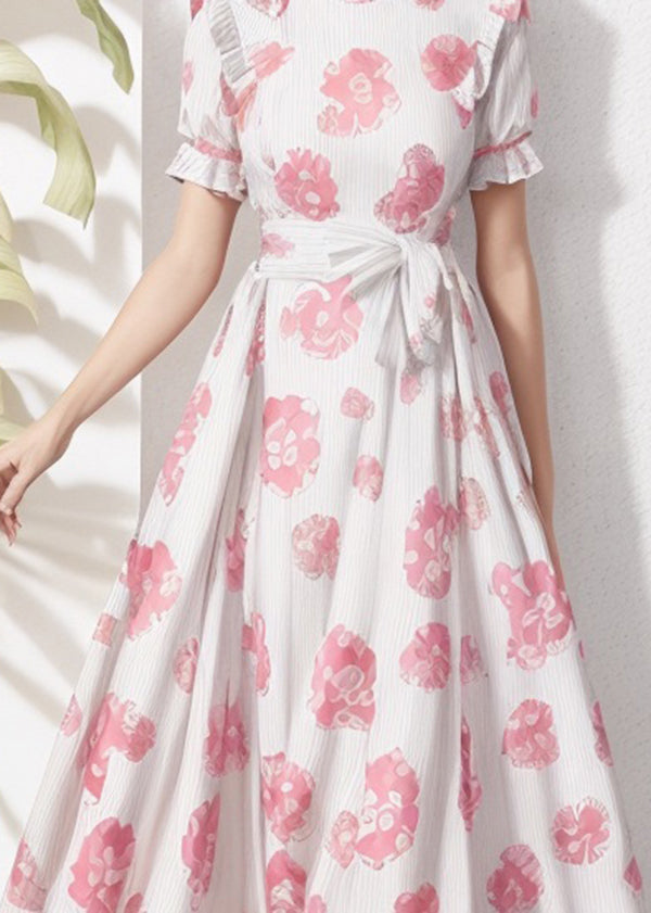 Stand Collar Print Tie Waist Silk Dresses Summer