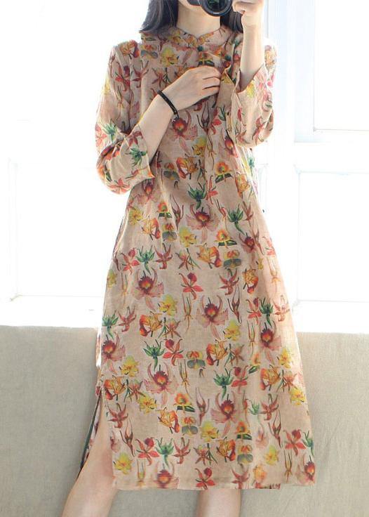 Stand Collar Side Open Dresses Tunic Tops Print Long Dress