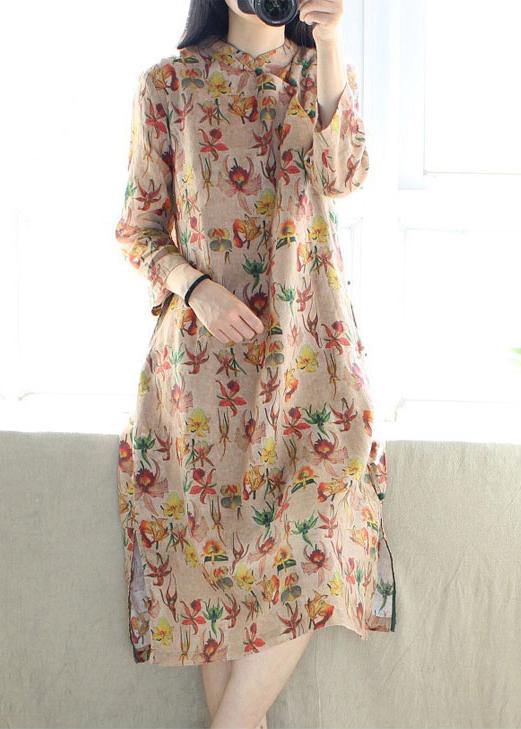 Stand Collar Side Open Dresses Tunic Tops Print Long Dress