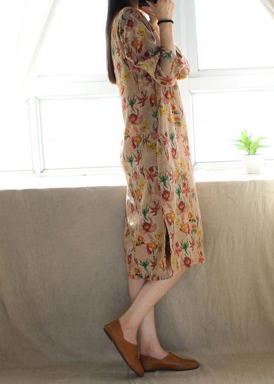 Stand Collar Side Open Dresses Tunic Tops Print Long Dress