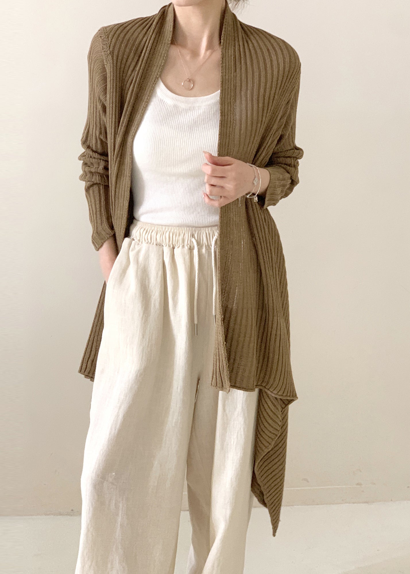 Tea Green Asymmetrical Ice Silk Knit Cardigan Spring