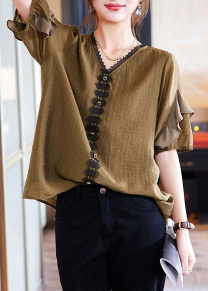 Tea Green V Neck Ruffled Lace Patchwork Cotton Shirt Tops Summer
