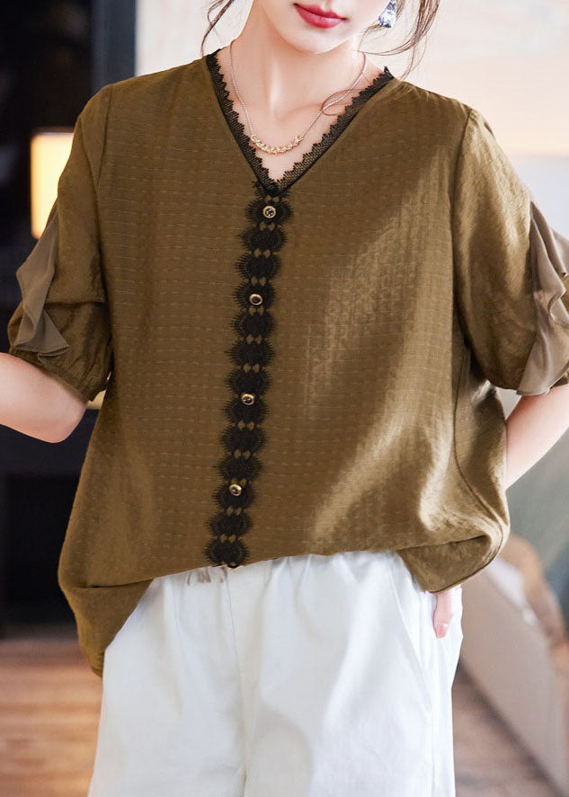 Tea Green V Neck Ruffled Lace Patchwork Cotton Shirt Tops Summer