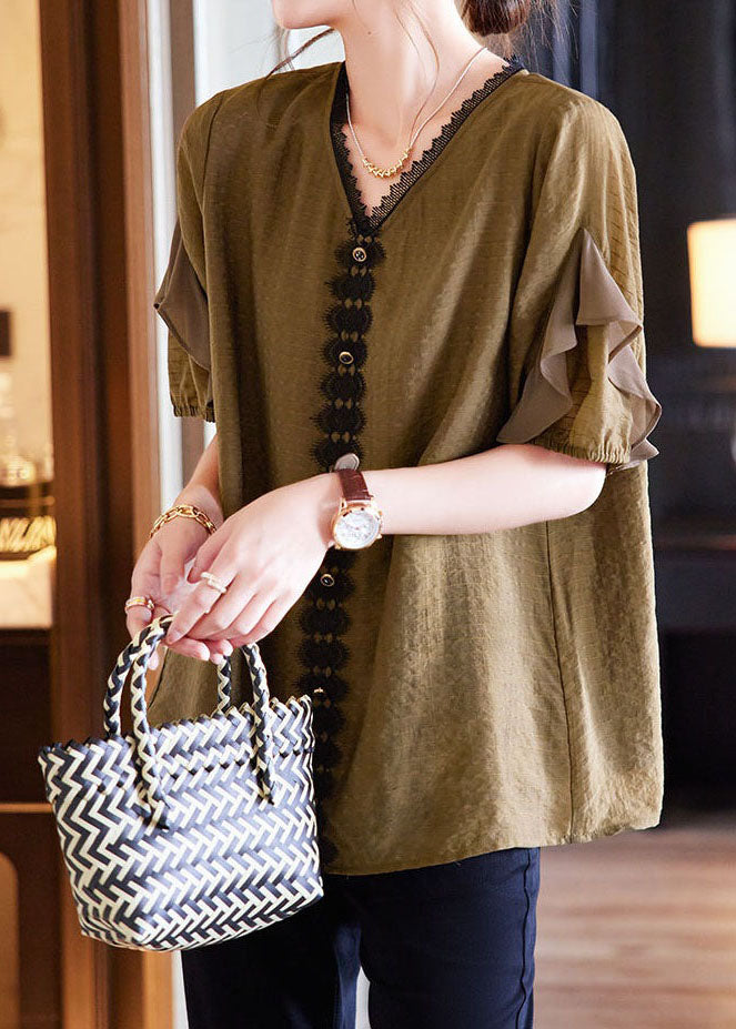 Tea Green V Neck Ruffled Lace Patchwork Cotton Shirt Tops Summer