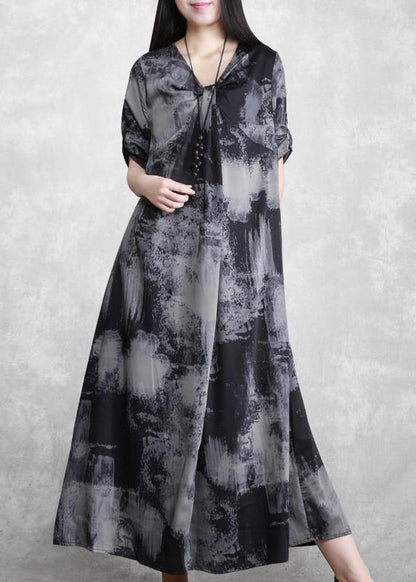 V Neck Asymmetric Quilting Clothes Design Gray Print Maxi Dress