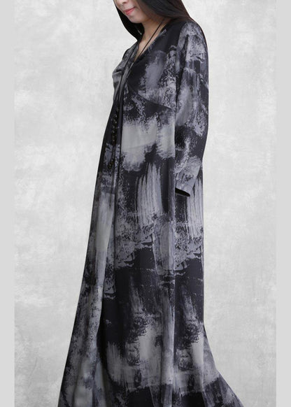 V Neck Asymmetric Quilting Clothes Design Gray Print Maxi Dress