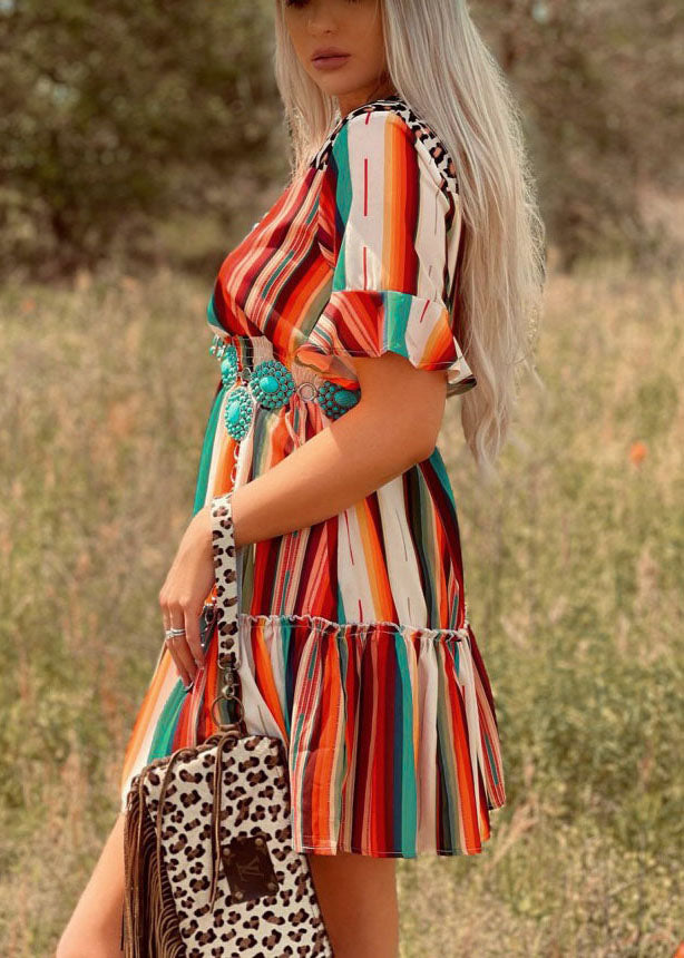 V Neck Multi Striped Print Cinch Pleated Dresses Short Sleeve