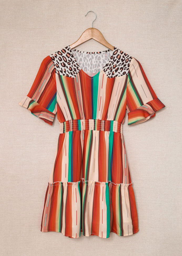 V Neck Multi Striped Print Cinch Pleated Dresses Short Sleeve