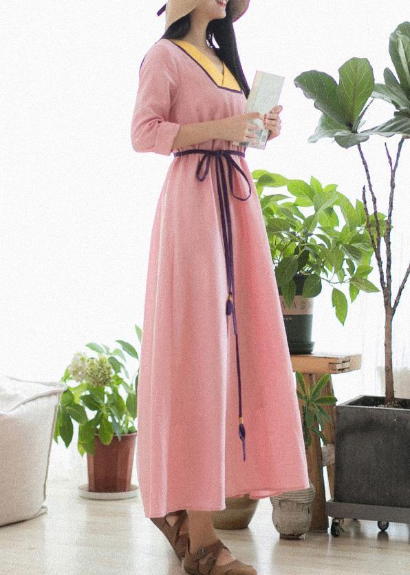 V Neck Patchwork Spring Clothes Fabrics Pink Maxi Dress