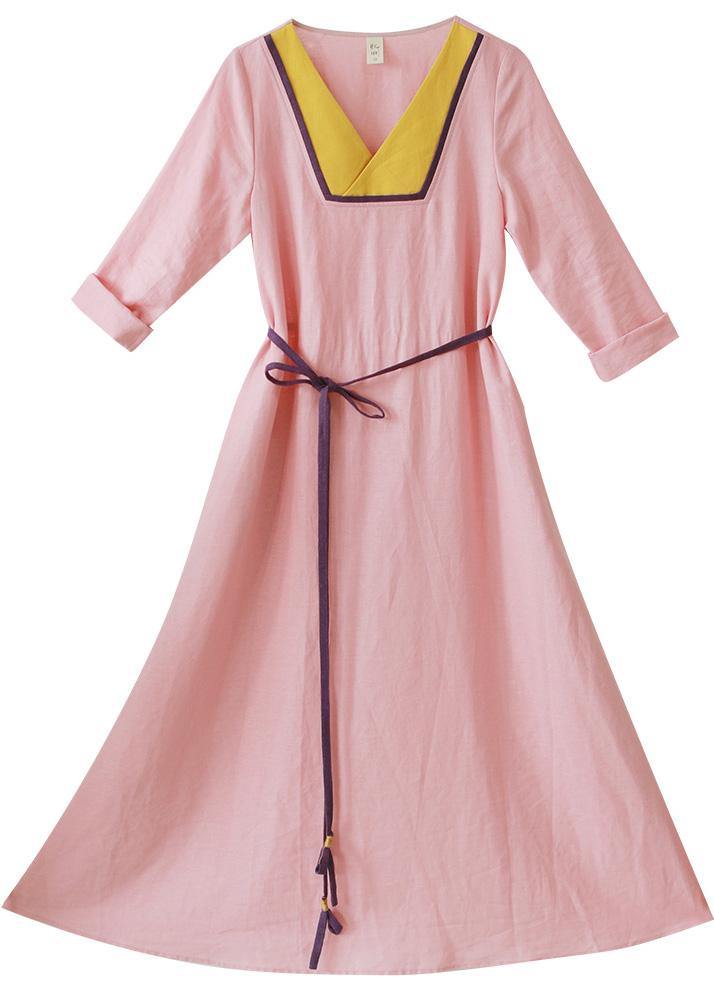 V Neck Patchwork Spring Clothes Fabrics Pink Maxi Dress