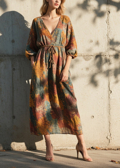 V Neck Print Cotton Ankle Dress Half Sleeve