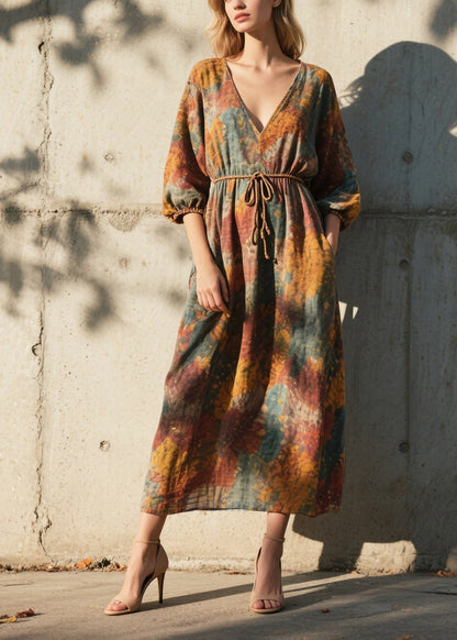 V Neck Print Cotton Ankle Dress Half Sleeve