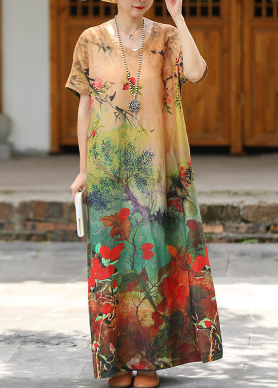 V Neck Print Linen Long Dress Short Sleeve