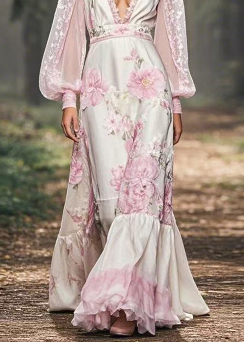 V Neck Print Patchwork Chiffon Maxi Dresses Spring