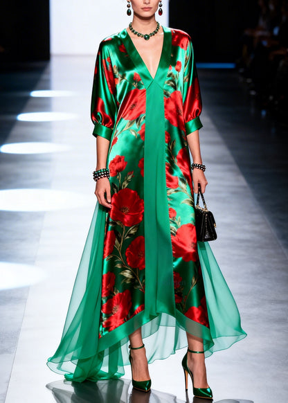V Neck Print Patchwork Chiffon Maxi Dresses Summer