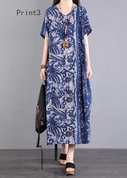 V Neck Print Patchwork Cotton Long Dresses Summer