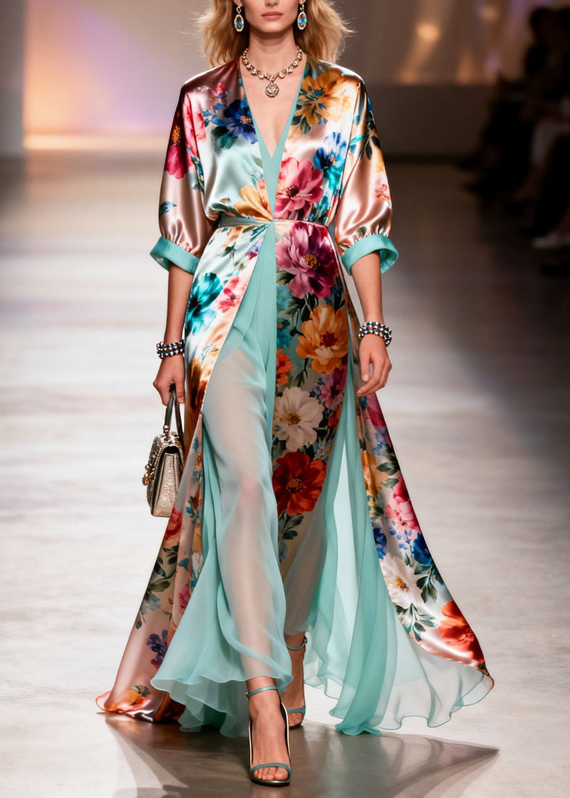 V Neck Print Patchwork Silk Dresses Summer