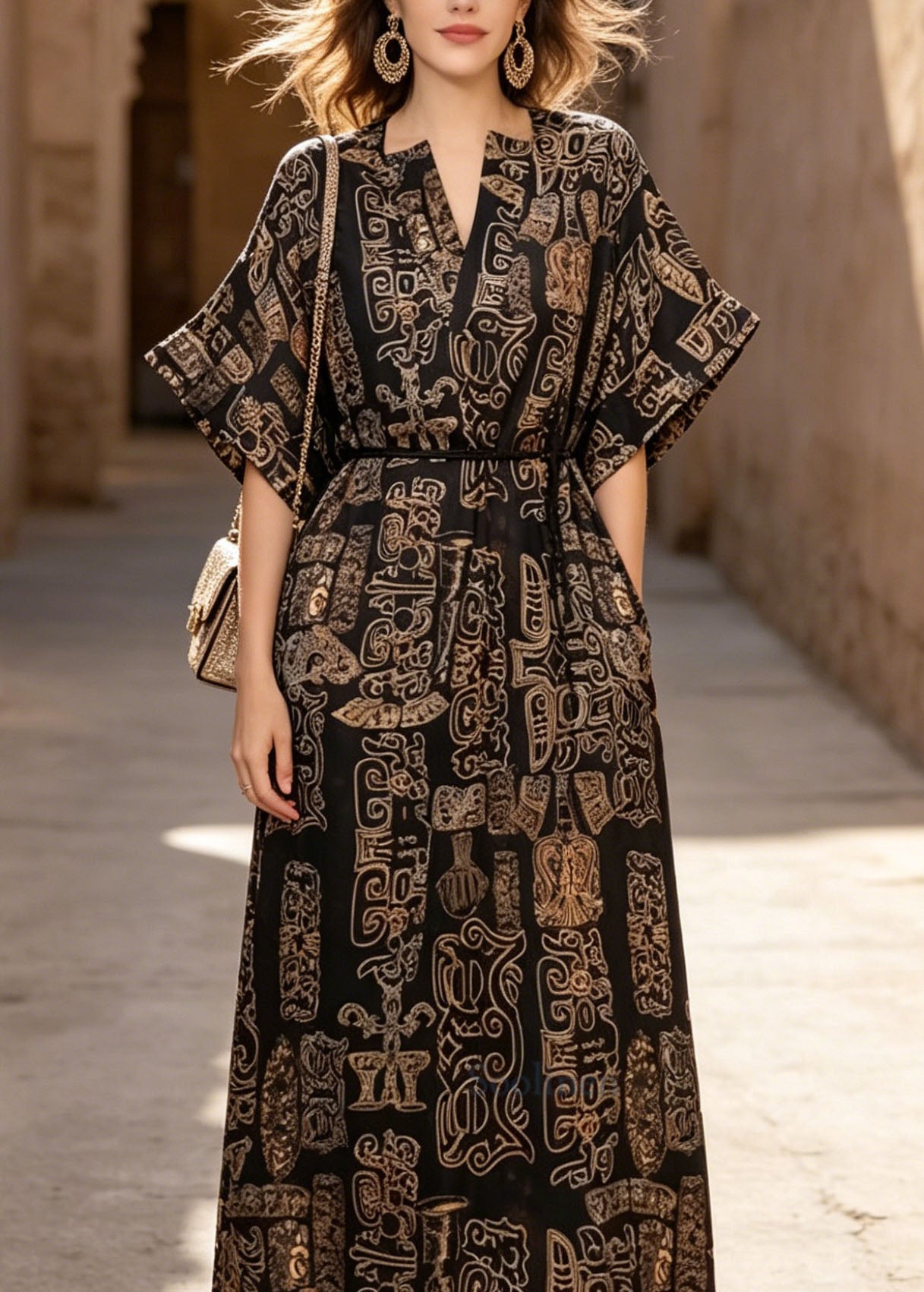 V Neck Print Pockets Cotton Dresses Summer