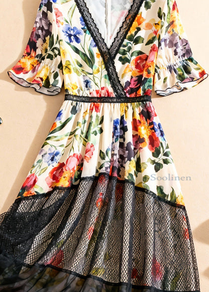 V Neck Print Tulle Patchwork Long Dress Summer
