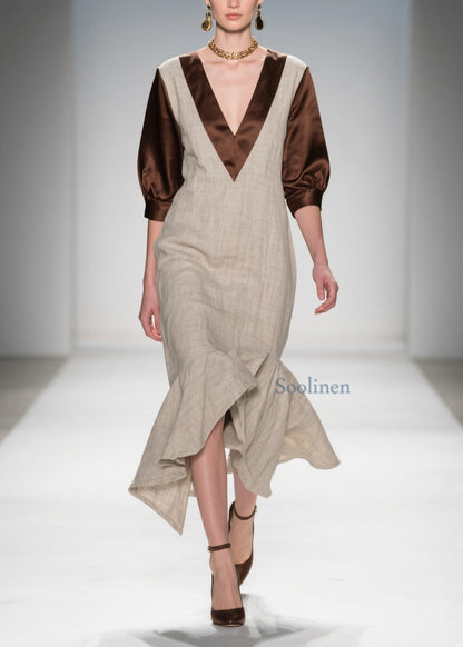 V Neck Ruffled Patchwork Linen Silk Dress Summer