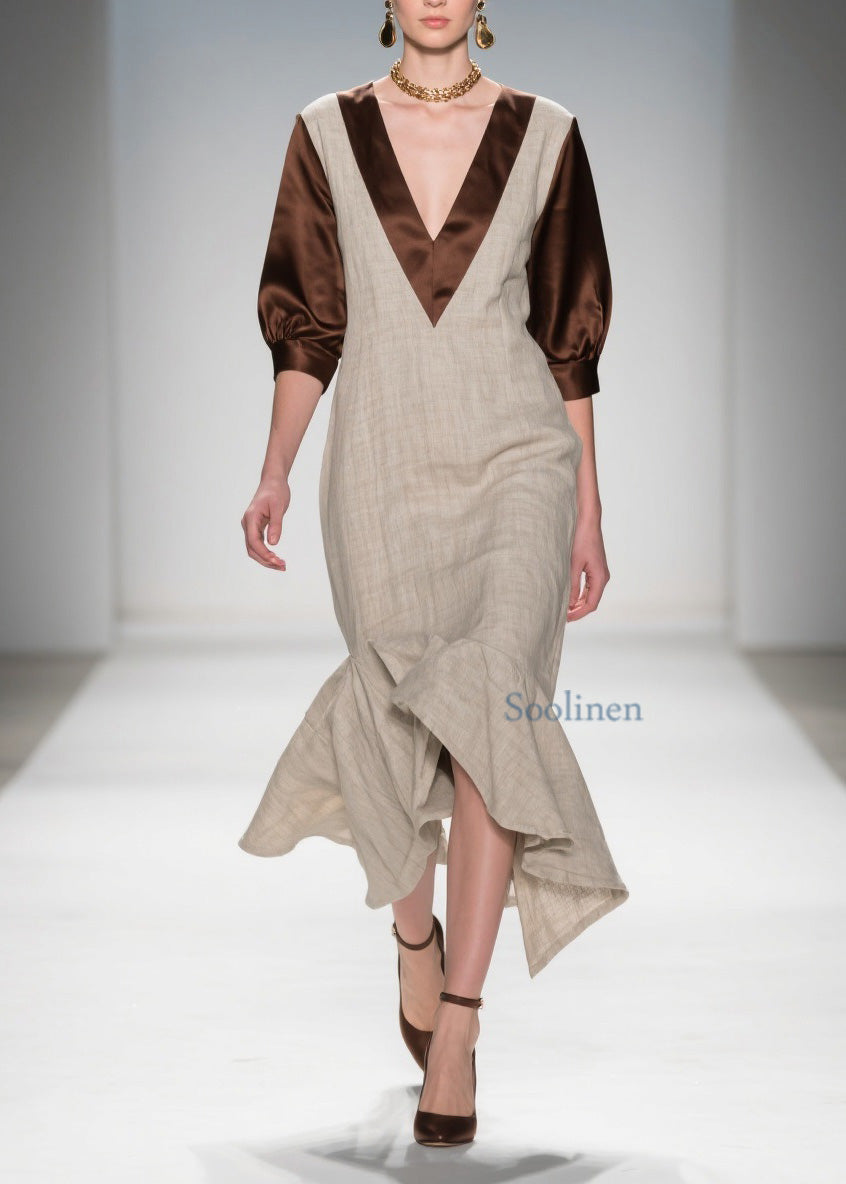 V Neck Ruffled Patchwork Linen Silk Dress Summer