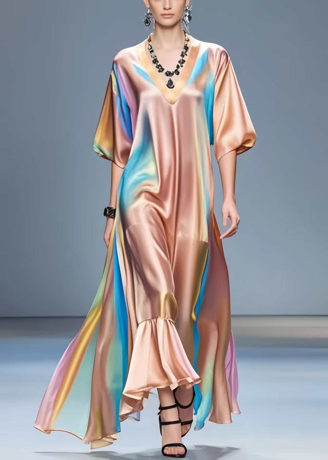 V Neck Tie Dye Silk Vacation Dresses Half Sleeve